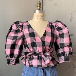Zara pink/blk gingham check taffeta top, M